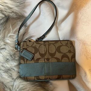 Coach Brown Signature Canvas Wristlet with Blue Accent